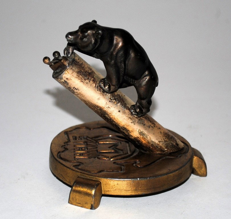 Tobacco: Black Bear Cigar Cutter: Black bear advertising cigar cutter on circular base with excised "M / STAHL" logo. 3-1/2"Dia. x 3-3/4"H