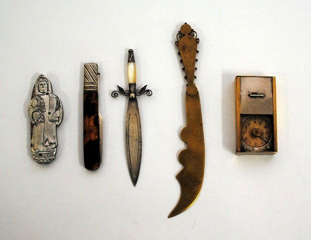 Five Assorted Group of Decorative Objects: Five Pieces: Tortoise Fork, book mark, letter opener, monk pen knife, and small box. Dimensions variable: Height 2-1/4" to 5-3/4"; width 1/2" to 1-1/8"; depth 1/8" to 1/2".