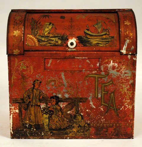 Aesthetic Movement Red Painted Tea Tin: Aesthetic Movement Red Painted Tea Tin. Produced for "Meyer & Raapke / Omaha, Neb." Bears Asian-inspired couple with stylized nature elements. 12"W x 10-1/8"D x 12-3/8"H.