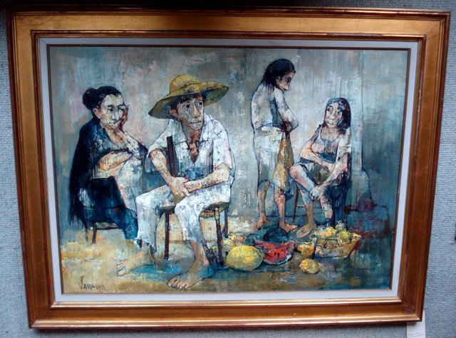 Jean Jansem Oil on Canvas from 11 East 86 St: Four Figures amongst Fruit signed Jean Jansem SIZE: Overall: 47" x 36" Art: 39" x 28.5"