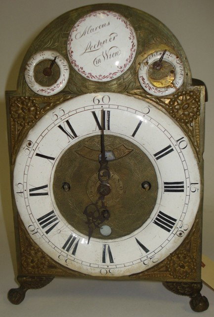 Marcus Leckner Vienna Clock from 240 CPSouth: Bronze clock having enamel plaques, Inscribed on verso Marcus Leckner, Wein. Loses to Enamel, Overall Good Condition.