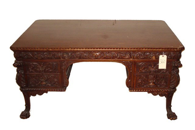 Horner Brothers Desk (Manner Of): Ornate Carved Mahogany Partners Desk, American