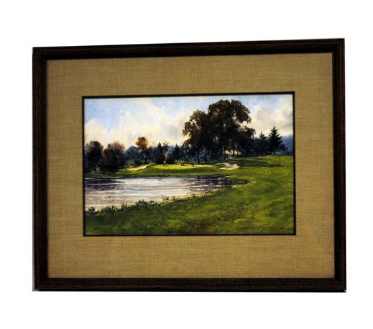 Lowell Smith Watercolor: Contemporary watercolor of a golf scene signed Lowell Ellsworth Smith. 13 1/2" x 21" Art / 24" x 30" Frame