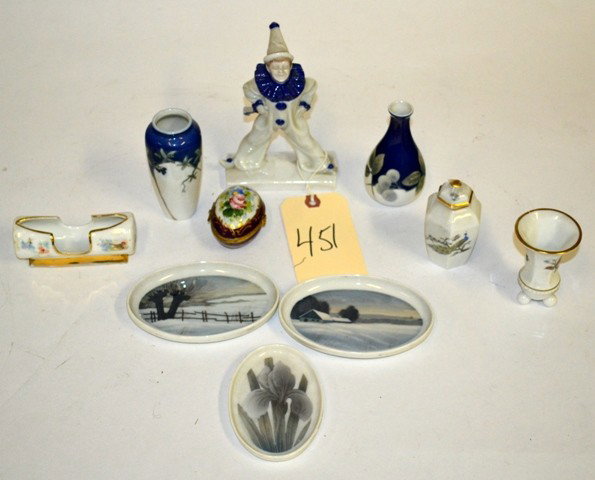 Rosenthal & Assorted (10pcs): Three Rosenthal Vases. One Rosenthal Covered Urn, A Rosenthal Clown, three oval rosenthal dishes, a floral limoge pill box & a floral pin holder.