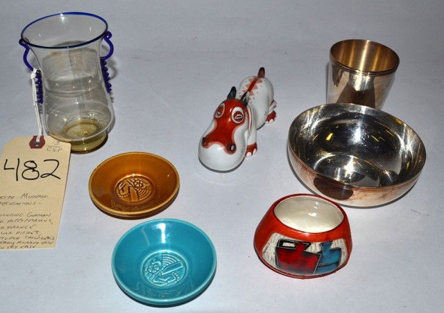 Group of Seven Art Deco Modern Decorations: Group of seven art deco to mid-century modern decorations. Features murano trailed & lamp worked vase, art deco hippo. Two christofle articles, small italian vase and two small air france bowls.