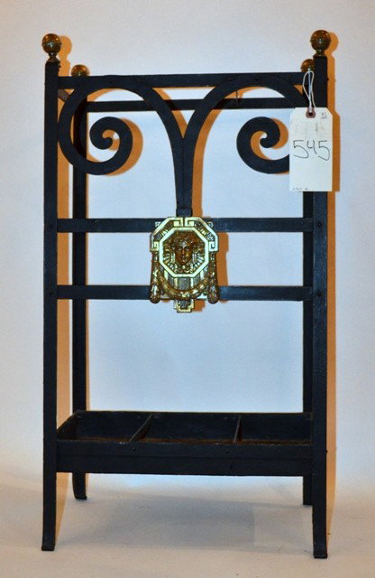 Art Deco Umbrella Stand: Art Deco Blackened Steel Strapwork Style Umbrella Stand. Featuring Stylized Neoclassical Brass Medallion at Center with Brass Ball Finials.