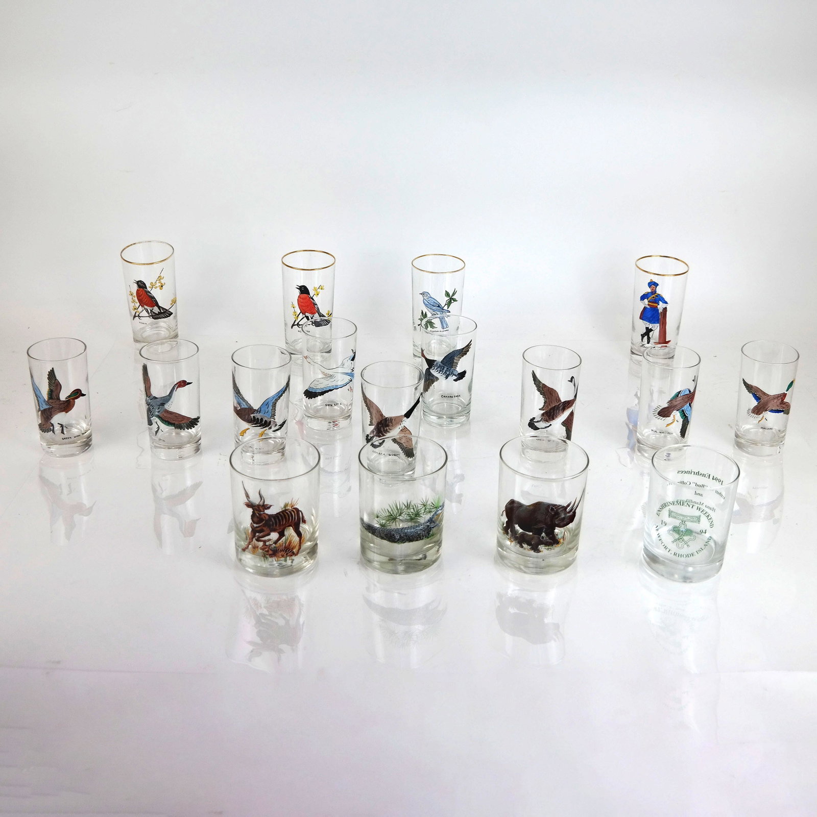 Group of Paint Decorated Barware: Group of barware, paint decorated with ducks, animals and bird motifs. [Largest: 5 1/2" H x 2 3/4" Diam.]. Wear to decoration.