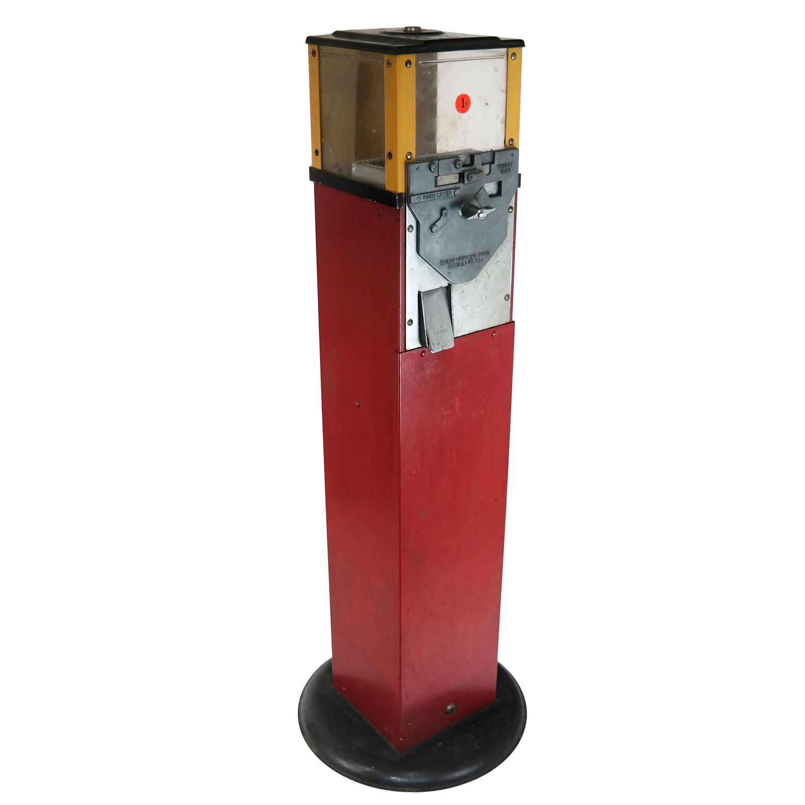 Coin Operated Gumball Machine: Coin operated gumball machine. [45" H x 16" W x 16" D]. Sticker with adhesive residue; overall with marks and wear.