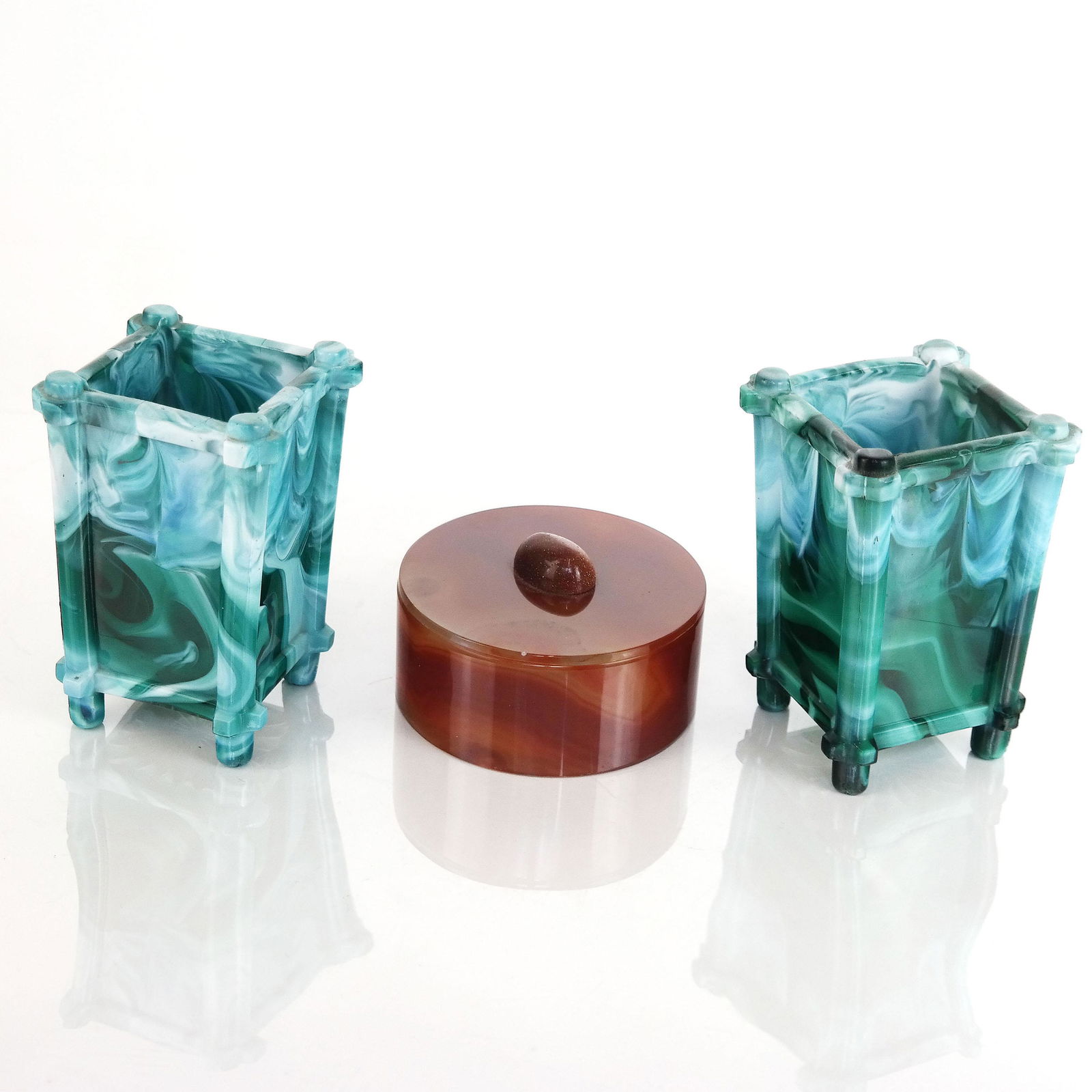 Three Glass and Carved Stone Tabletop Items (1 of 10)