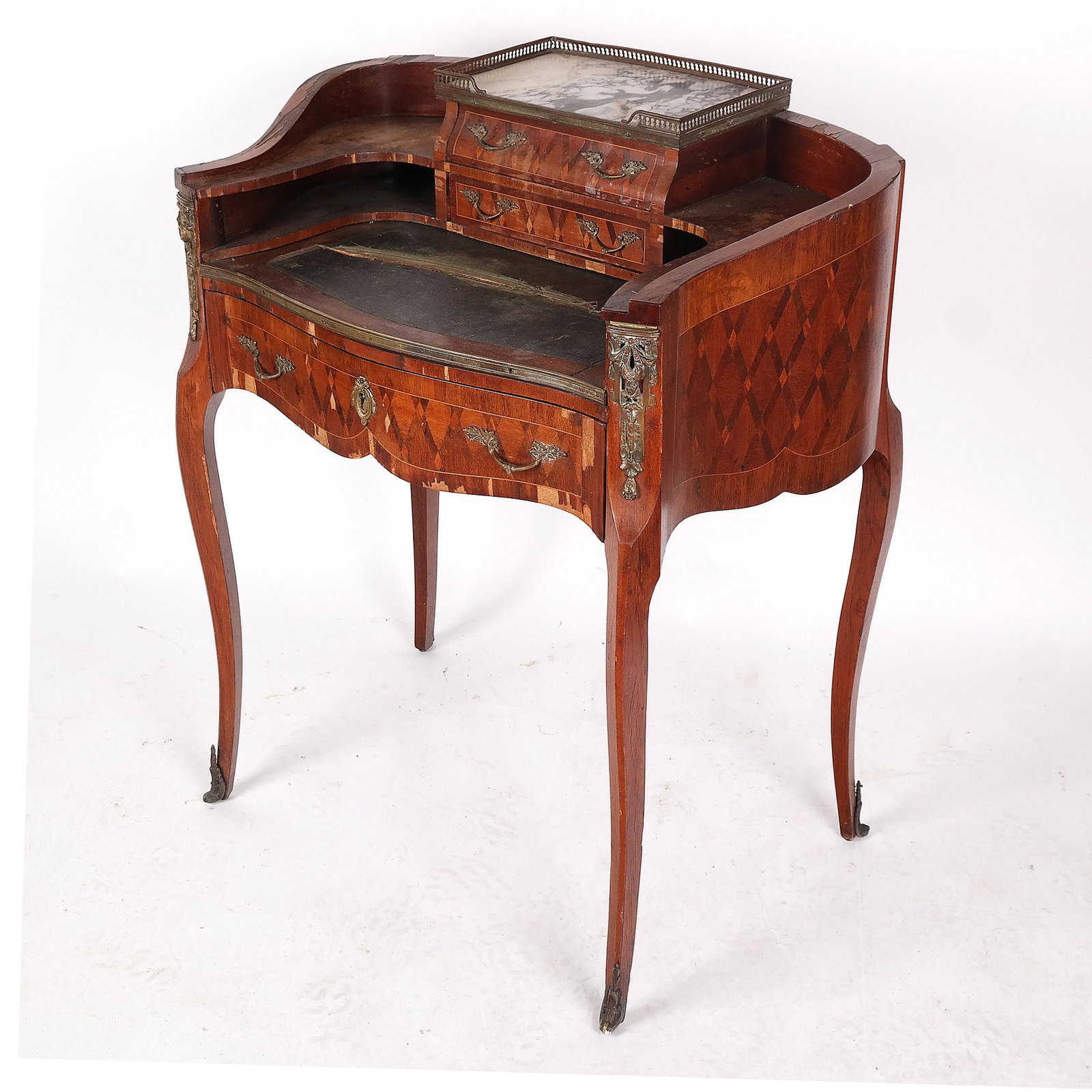 Rococo-Style Writing Ladies Desk: Rococo-style writing desk of diminutive kidney form. [37" H x 31 3/4" W x 21 1/2" D]. Overall with cracking, stains and losses to veneers; stains and residue to marble top; cracks and losses to writin