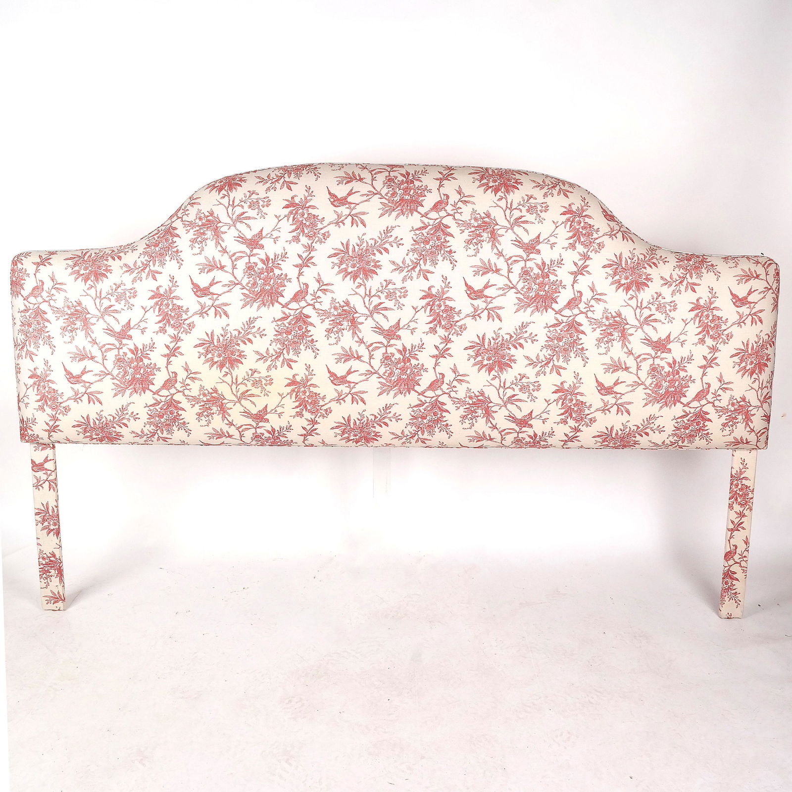 Tole Upholstered Headboard: Upholstered tole headboard. [50" H x 80" W]. In overall good condition with minor wear.