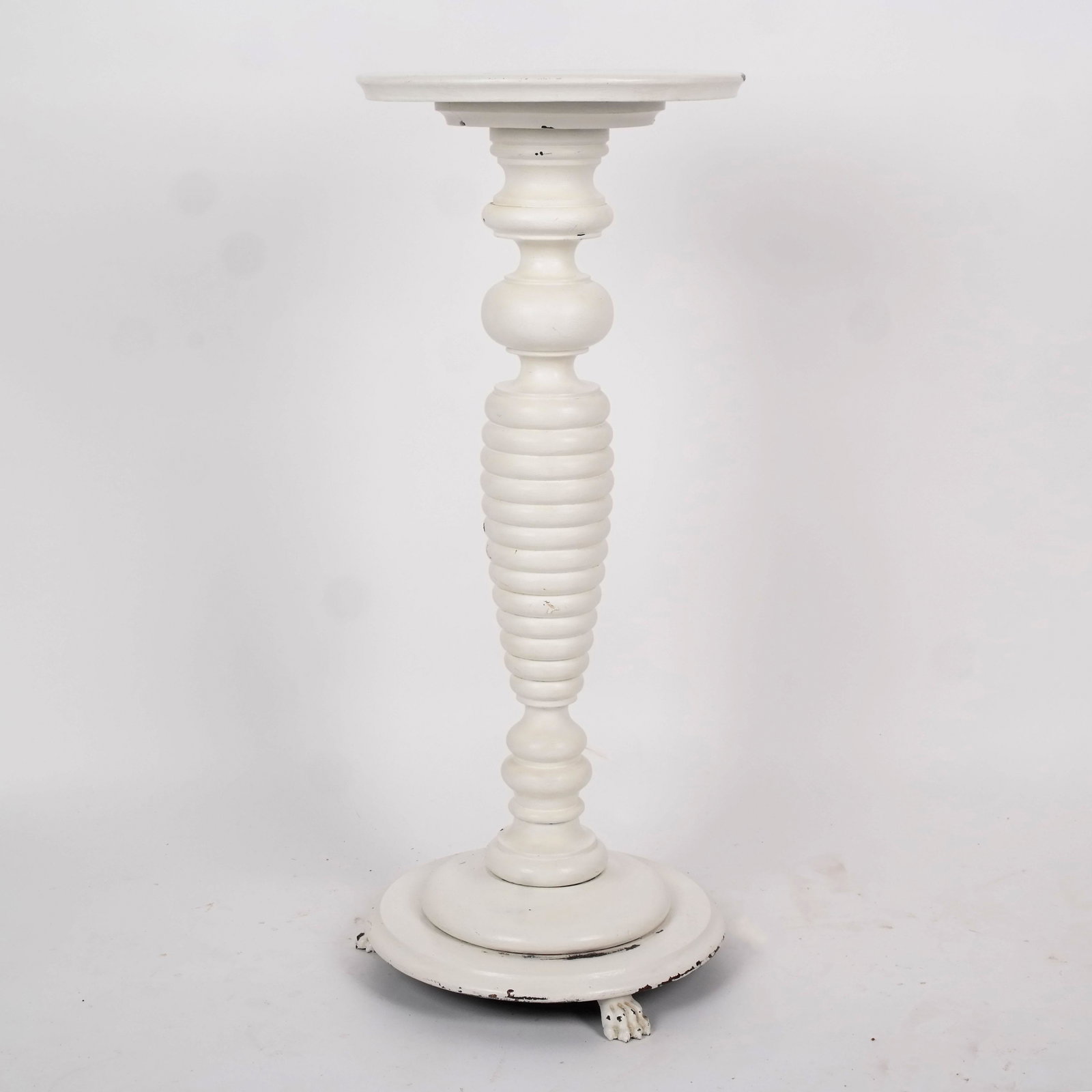 Neoclassical-Style Painted Pedestal: Neoclassical-style painted pedestal, on paw feet. [31 1/2" H x 13" Diam.]. Wear and losses.