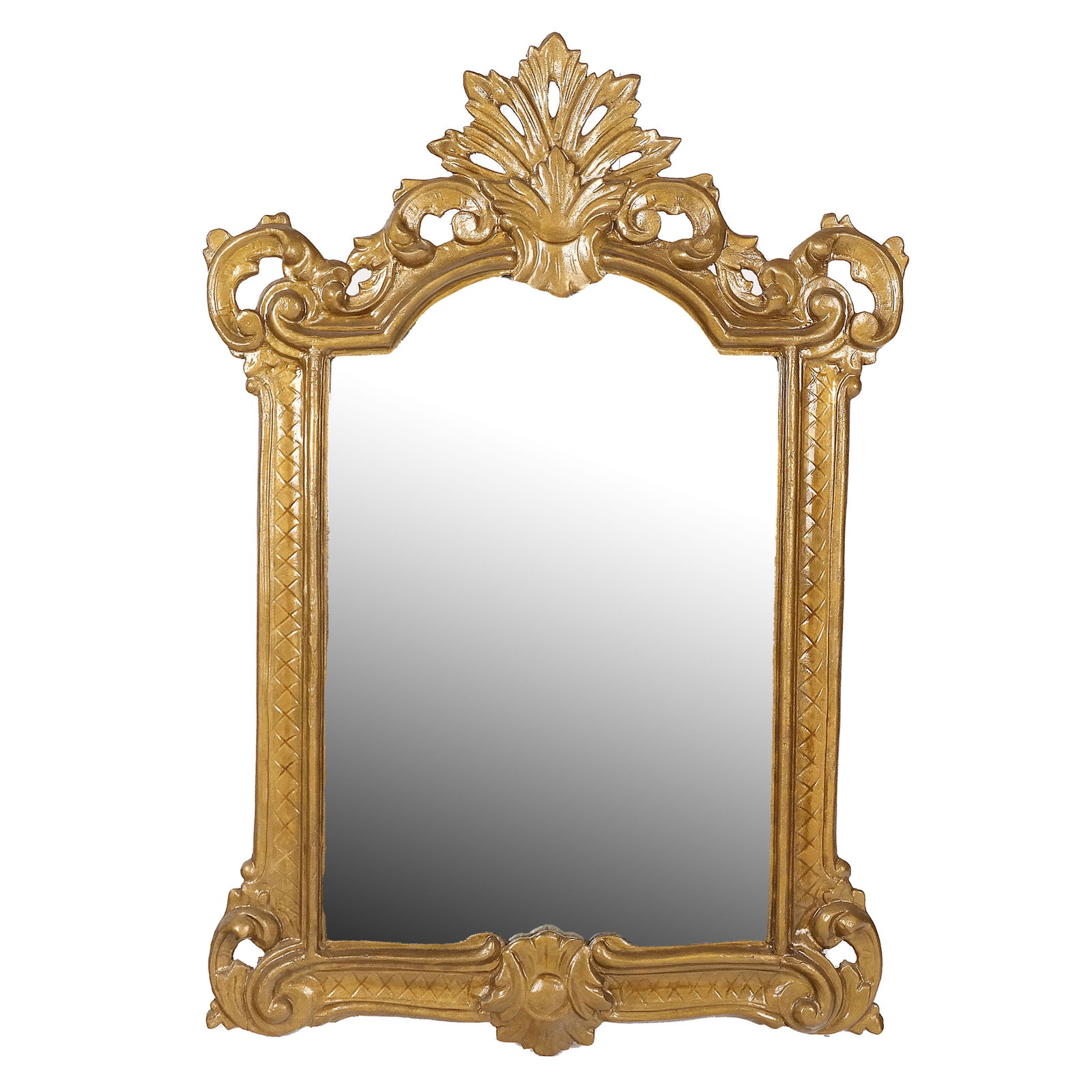 Italian Rococo-Style Giltwood Mirror: Italian Rococo-style giltwood mirror. [43 1/2" H x 30" W]. Repainted, wear and losses, tape and adhesive residue to reverse.