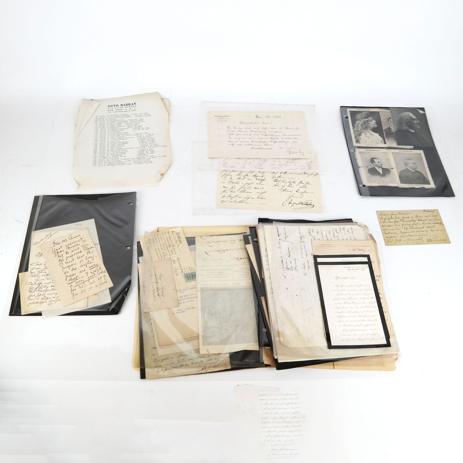 Group of Opera & Theater Memorabilia: Group of 19th and 20th century Continental and English opera and theater memorabilia, including autographs, clippings, photographs and ephemera. Unframed. [Largest: 11" H x 8 1/2" W]. Some with stains