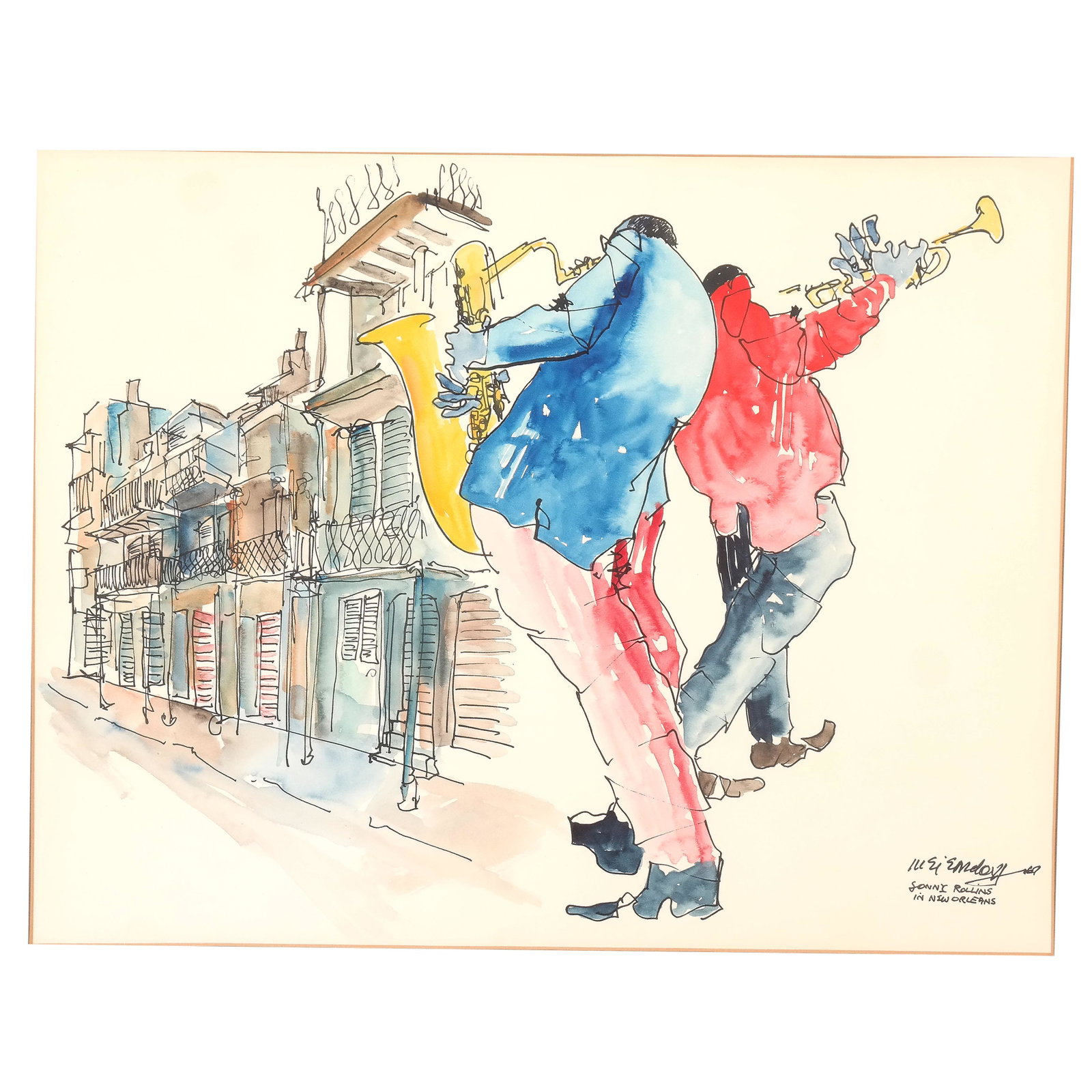 Leo MEIERSDORFF: "...New Orleans" - Watercolor: Leo Meiersdorff (American/German, 1934-1994) watercolor on paper titled "Sonny Rollins in New Orleans", signed lower right. [Sight: 14 1/4" H x 18 1/2" W; Frame: 21" H x 25" W]. Toning to paper, wear 