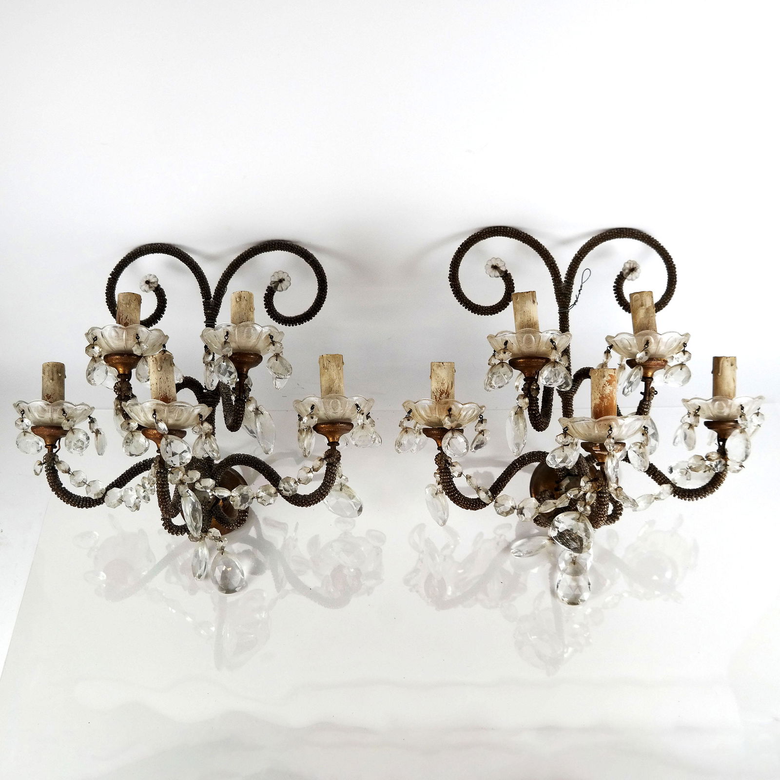 Pair of Brass & Crystal 5-Light Sconces (1 of 13)