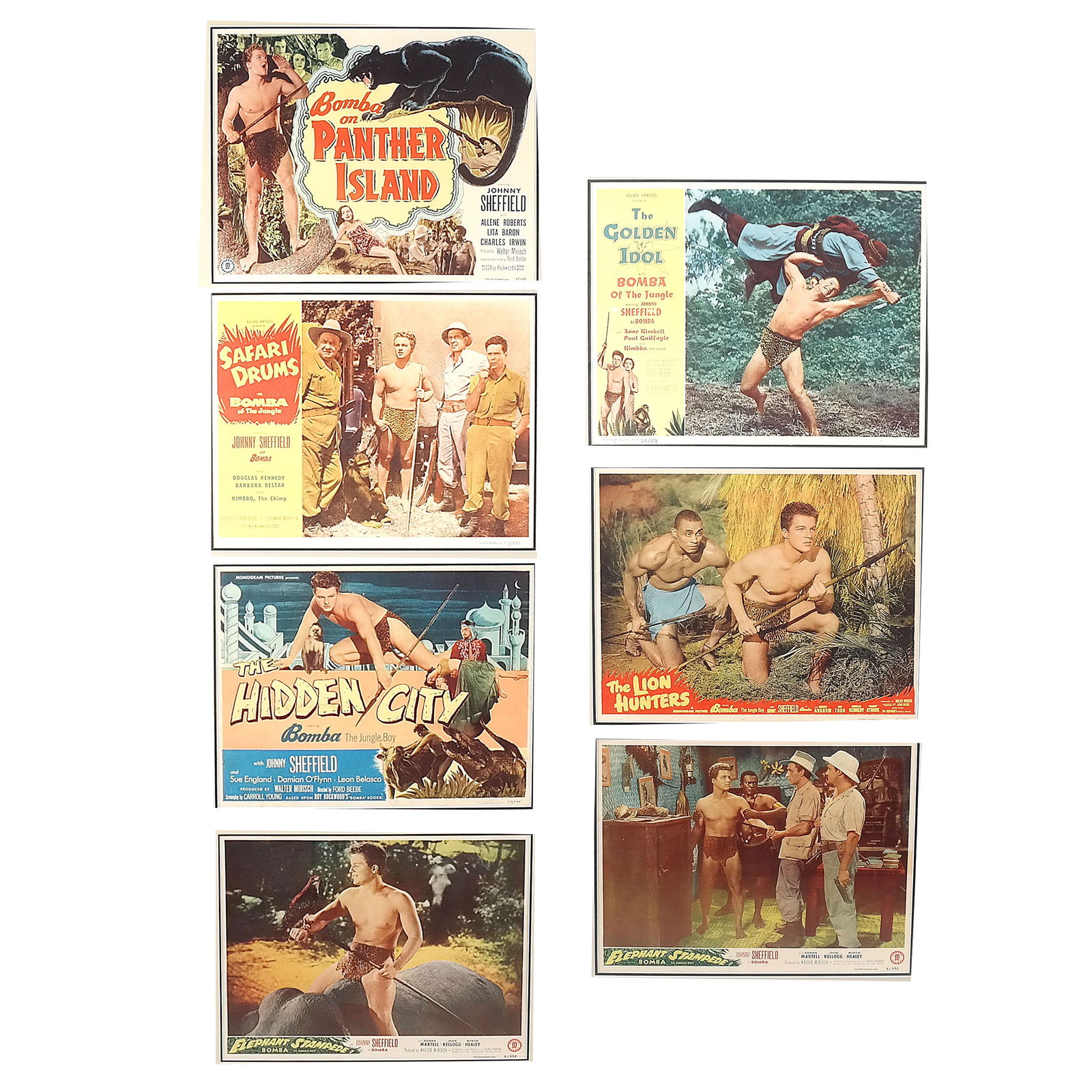 Seven Movie Poster Prints: Seven movie poster prints, including Panther Island, (2) Elephant Stampede, Hidden City, Safari Drums, The Golden Island, and The Lion Hunters. [Each: 15 1/2" H x 18 1/2" W].