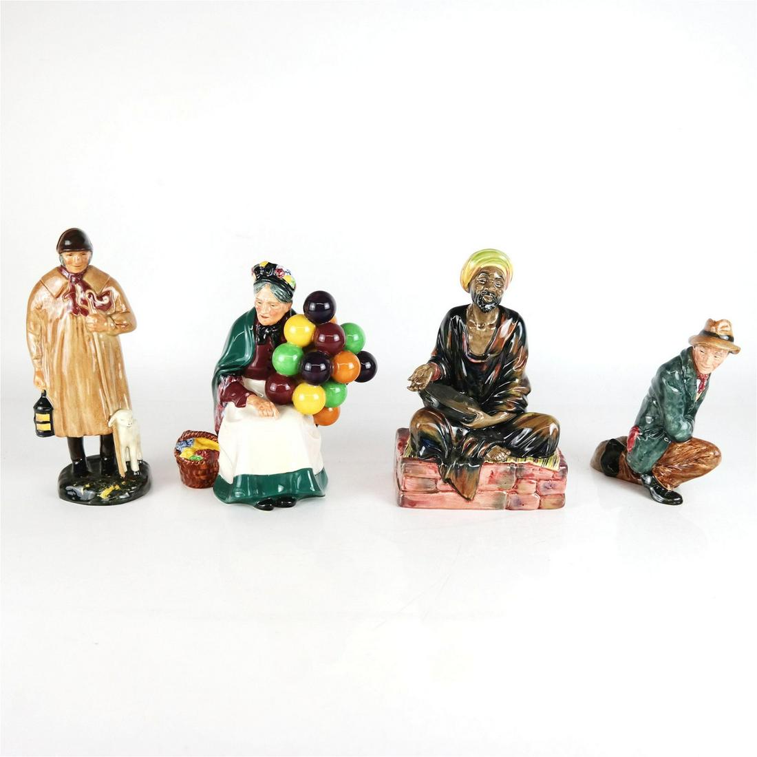 Four Royal Doulton Porcelain Figurines: Royal Doulton porcelain figurines, including "Mendicant", #HN1373, "The Old Balloon Seller" #HN 1316, The Shepherd, #HW 1975, and "The Poacher", #HN 2043. [Largest: 8 3/4" H]. In good condition.