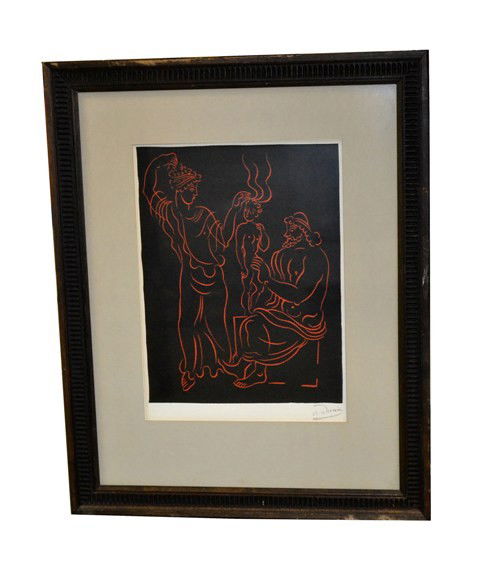Andre Derain 1880-1954, France: Framed wood engraving of a family scene by Andre Derain. Good condition. Art: 8.5" x 11", Frame: 16" x 20".