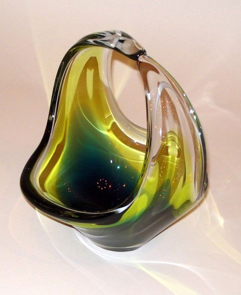 Orrefors Green and Blue Glass Basket: Murano style basket centerpiece. 8" x 8". Good condition.