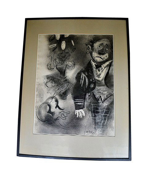 William Gropper Watercolor & Charcoal on Paper: Framed, depicting a clown and a female juggler.