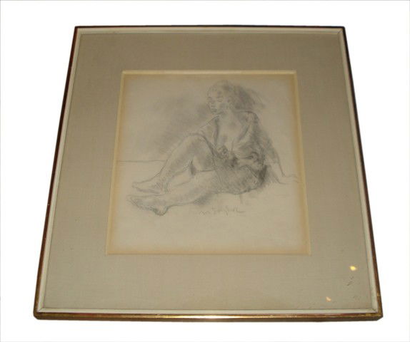 Moses Soyer Pencil Drawing: Framed and matted under glass, depicting a seated woman, signed "M. Soyer". Good condition. Image: 10" x 11".