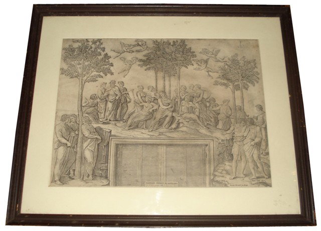 Old Master Engraving: "Raphael Pinxit in Vaticano": Gilt framed and matted under glass engraving after a Raphael painting. Engraved after painting by Marcantonio Rimondi. "Raphael Pinxit in Vaticano". Good condition. 18.75" H x 23.5" W.