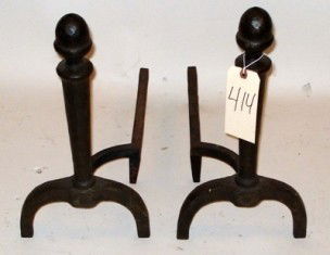 Pair of Wrought Iron Andirons: With acorn finials. Good condition.