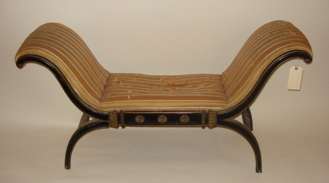 Regency Style Window Bench: Regency style window bench with outward swept scrolling upholstered arms and rosette accents.