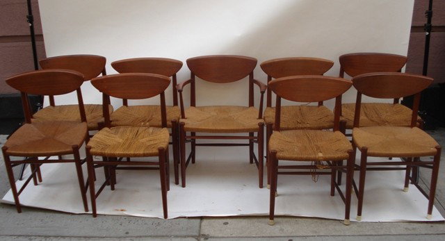 Peter Hvidt , Set of Eight Dining Chairs: Peter Hvidt set of eight dining chairs. (2 Arm & 5 Side) 17.25" H to seat, 19" W x 17" D x 24.5" H Note Peter Hvdit worked with Orla Molgaard-Nielsen.