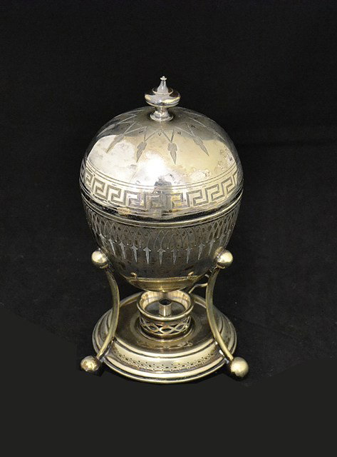 Victorian Silverplate Egg Warmer: English Victorian footed egg warmer with original burner. Good condition. 9" H.
