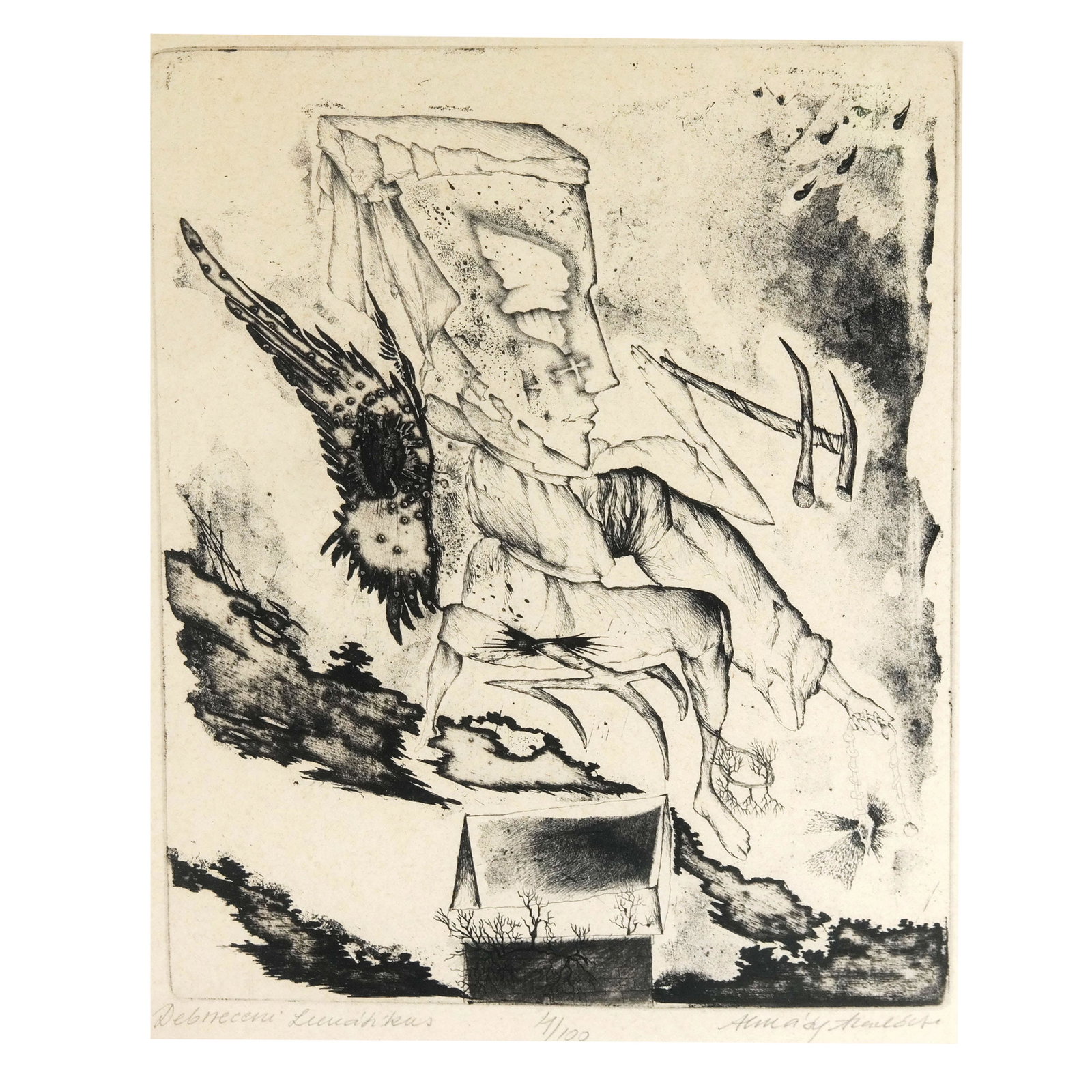 Aladar ALMASY: Lunatic of Debrecen - Etching: Aladar Almasy (Hungarian, b. 1946) "The Lunatic of Debrecen", etching, 7/100, titled, numbered and signed to margin. [Sight: 9 1/2" H x 7 3/4" W; Frame: 24 1/2" H x 18 1/2" W]. Scuffs and wear to fram