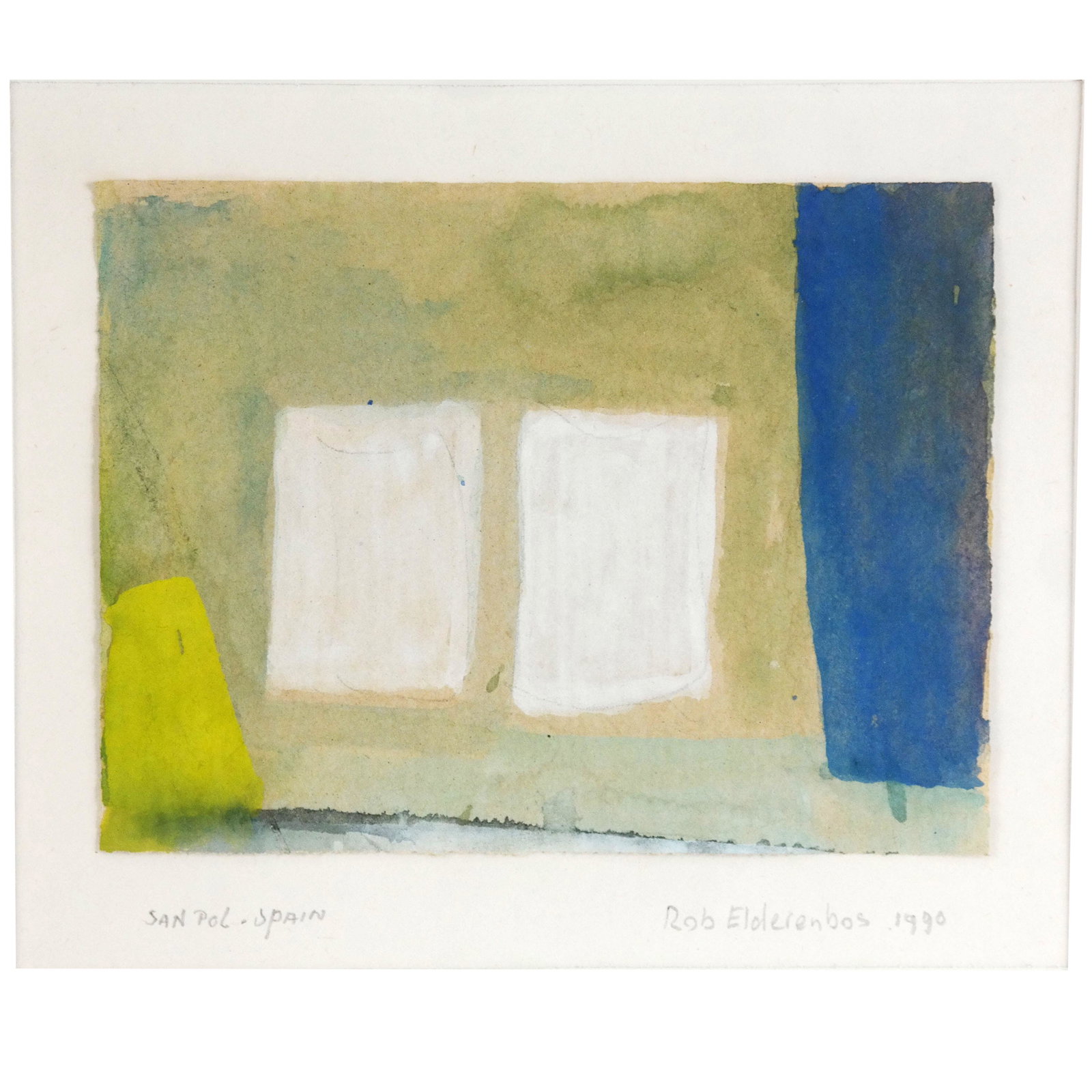Rob ELDERENBOS: San Pol, Spain - Painting: Rob Elderenbos (Dutch, b. 1948), "San Pol, Spain", watercolor on paper, 1990, with label to reverse, titled, signed and dated in pencil. [Sight: 4" H x 5" W; Frame: 12" H x 12" W]. In overall good con