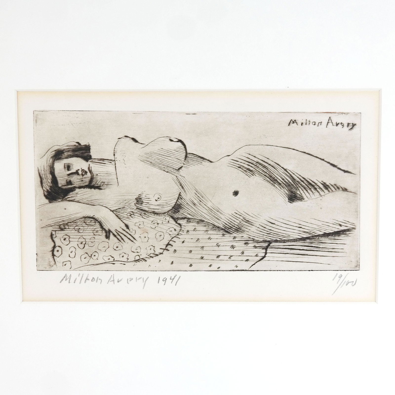 Milton AVERY: Reclining Nude - Etching: Milton Avery (American, 1885-1965), drypoint etching of reclining nude, 1941, signed, dated and numbered 19/100, in pencil. [Sight: 3 1/2" H x 7 1/4" W; Frame: 15" H x 18 1/4" W]. Toning to edges of m