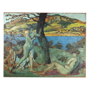 Ker-Xavier ROUSSEL: "Baigneuses" (Bathers) - O/C: Ker-Xavier Roussel (French, 1867-1944) impressionist oil on canvas painting of nudes in a river landscape setting titled "Baigneuses" (Bathers), unsigned. Circa 1906-1907. - Roussel is best known as a