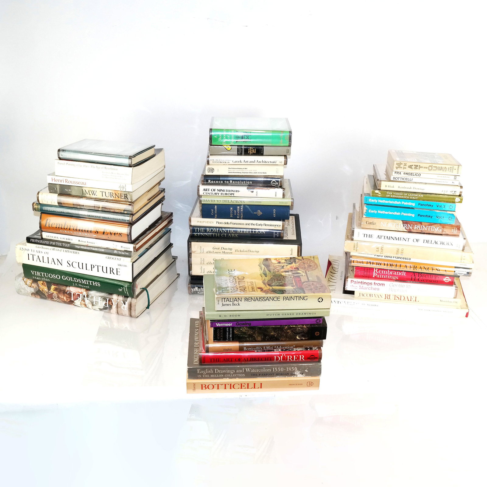 Group of Books on Renaissance to Impressionist Art: Group of approximately 40 volumes on Renaissance to Impressionist art, including European art and antiques. [Largest: 15" H x 11" W]. All with wear and marks.