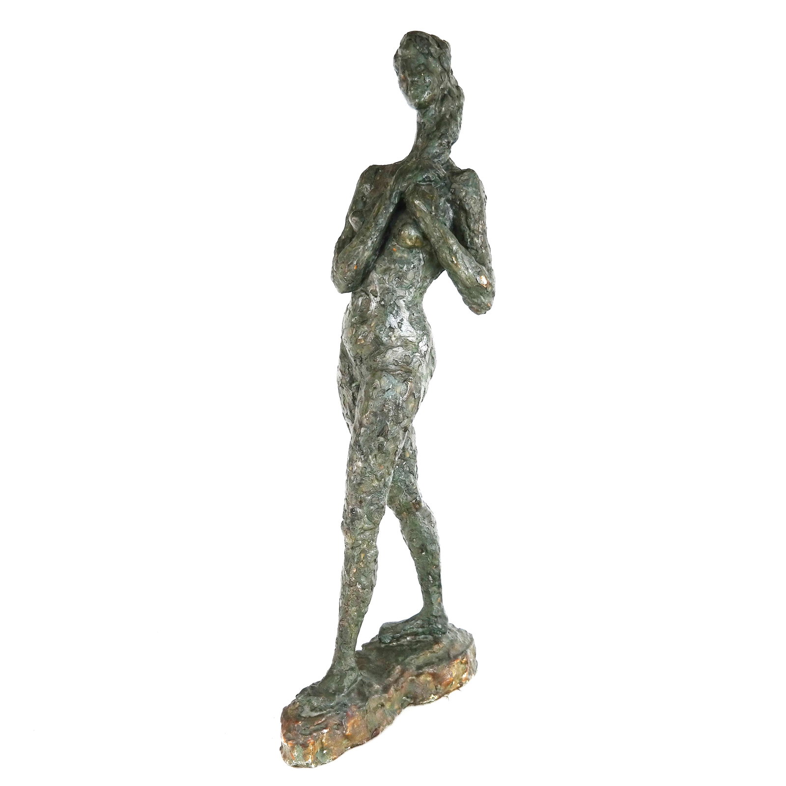 Modern Brutalist Female Nude Sculpture: Modern Brutalist wax and composition sculpture modeled as a nude woman. Signature not found. [26" H x 11 1/2" W x 6 1/2" D]. Losses to finish; applied felt to base.