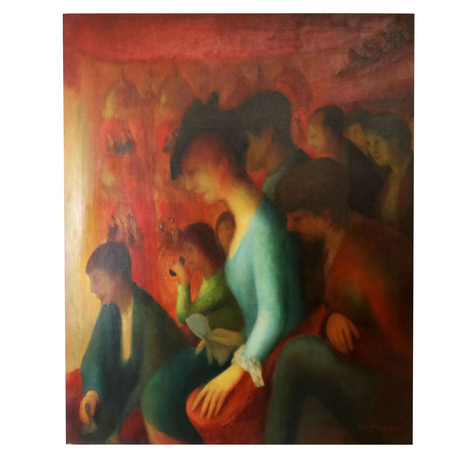 After Guy PENE DU BOIS: Audience - Oil on Canvas: After Guy Pene du Bois (American, 1884-1958) oil on canvas, "Audience". Signed lower right. [Sight: 29 1/2" H x 24" W; Frame: 38 1/2" H x 33" W]. Repaired puncture to center.