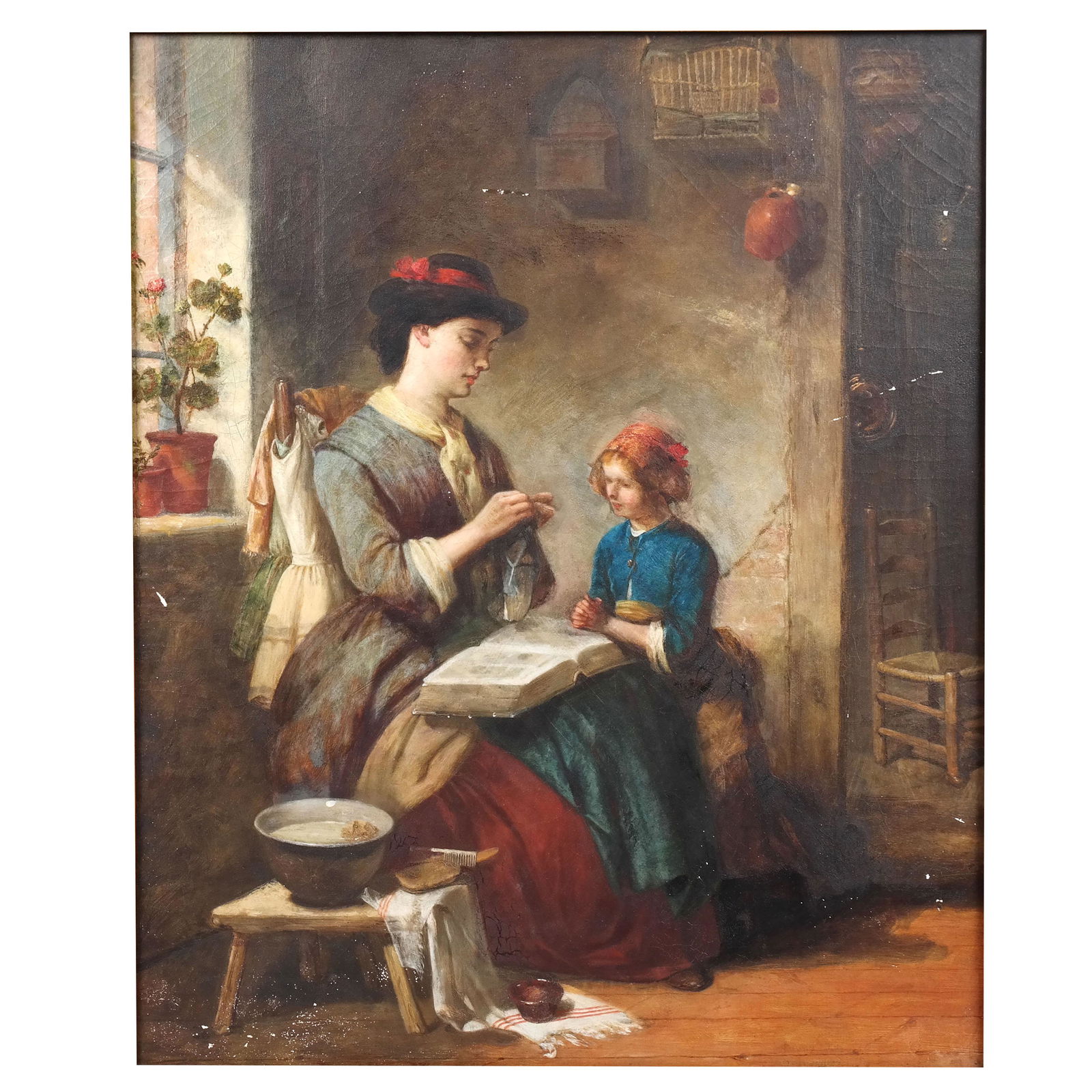 English School Woman & Child 19th C. Oil Painting (1 of 8)