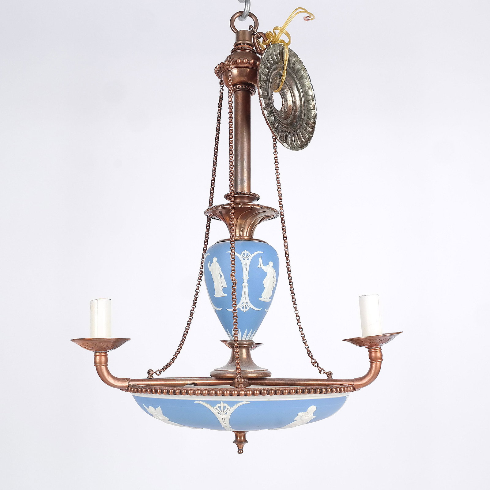 Wedgwood Blue Jasperware Chandelier: Wedgwood blue Jasperware chandelier having three lights between the standard and dish with classical motifs. [23" H x 15" Diam.]. Mark not found, dish with chip to rim, surface dust overall.