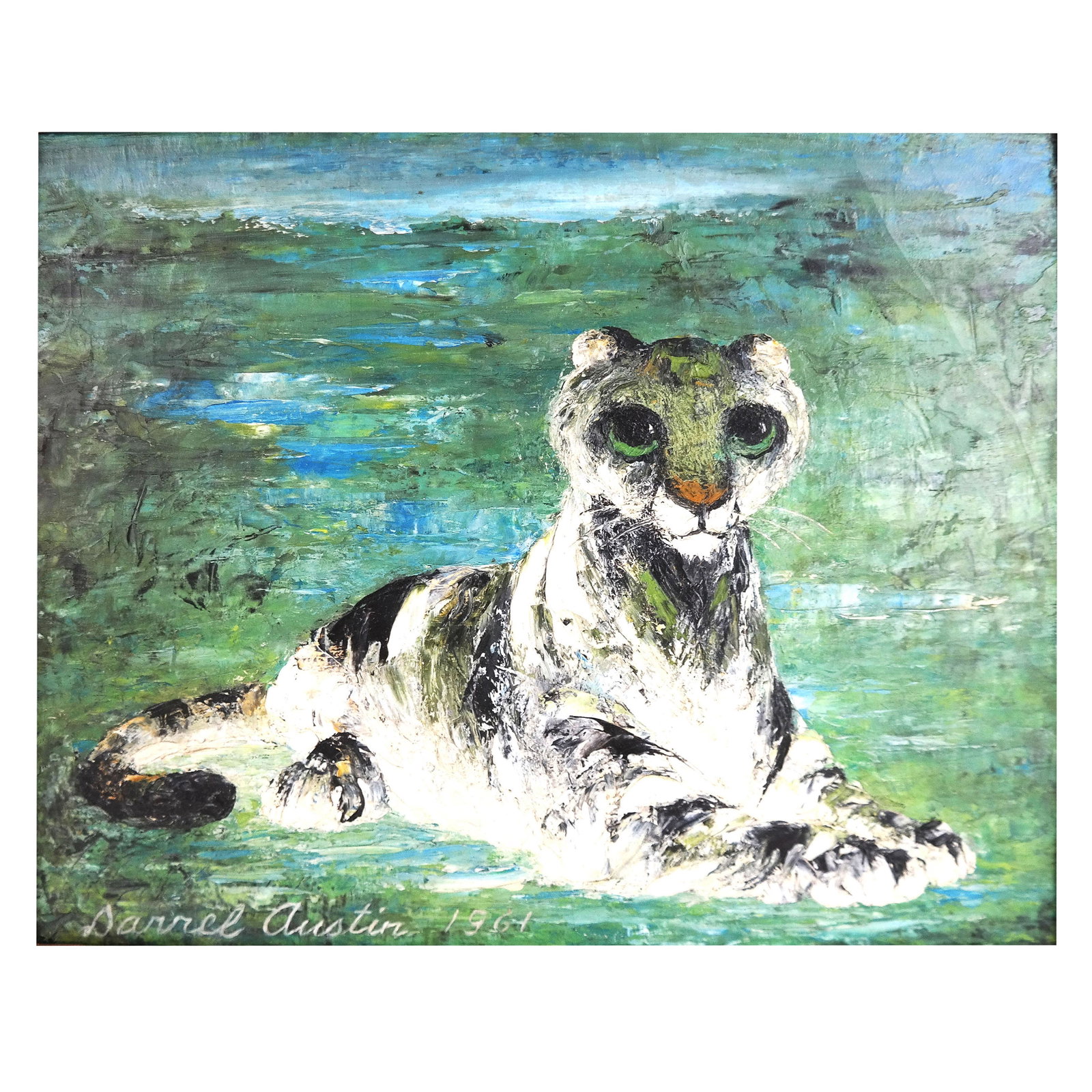 Darrel AUSTIN: "Beast..." - Oil Painting: Darrel Austin oil on canvas bearing label on reverse "Beast by a Brook", Perls Galleries NYC, NY. [Art: 8 1/4" H x 10 1/4" W; Frame: 13" H x 15" W]. In good condition.
