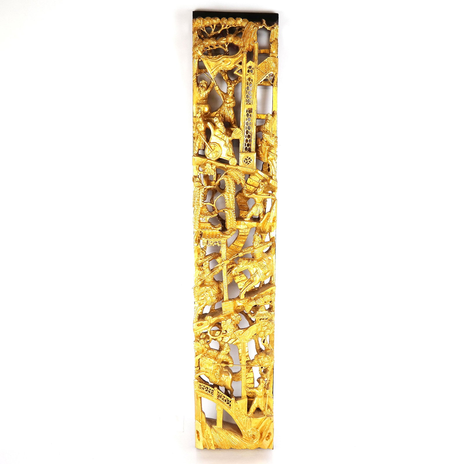 Chinese or Southeast Asian Giltwood Element: Chinese or Southeast Asian giltwood element, carved with a vertical battle scene. [31" H x 6" W x 2" D]. A few marks and wear, repainted.