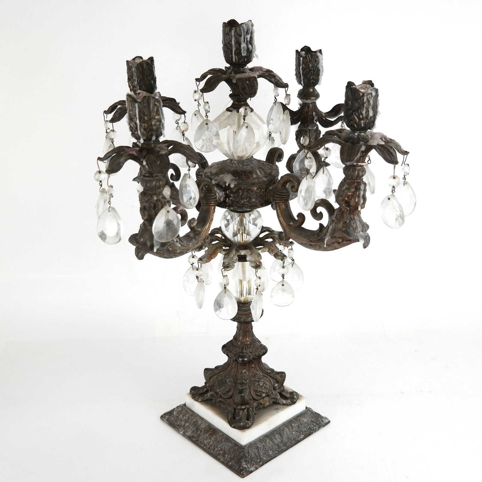 Renaissance-Style Bronze Candelabrum: Renaissance-style bronze candelabrum with glass and marble details. [21" H x 17" Diam.]. Heavy wear and residue.