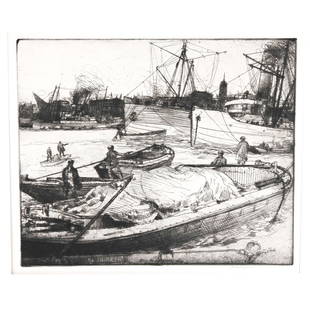 Donald Shaw MACLAUGHLAN: Rushing Tide - Etching: Donald Shaw MacLaughlan (American, 1876-1938) etching of "Rushing Tide, Thames, London". Titled and signed in pencil. Unframed. [Sight: 9 3/4" H x 11 3/4" W; Mat: 18" H x 22" W]. Toning, wear, stains