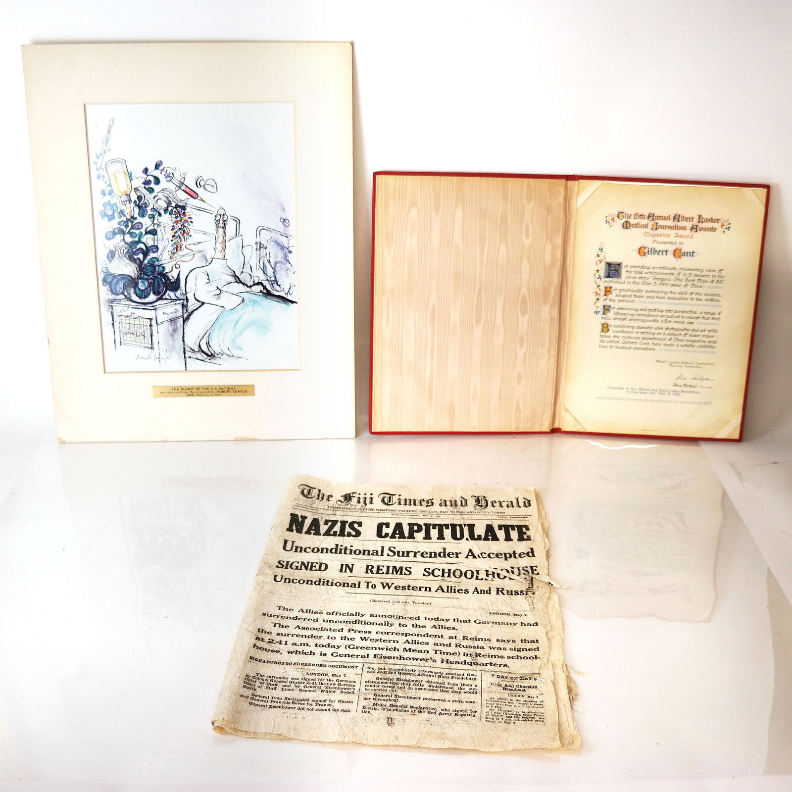 Assembled Group of Journalism Items: Lot includes "The Plight of the U.S. Patient" after Robert Searle (English 1920-2011) originally produced for Time Magazine, Feb. 21, 1969, together with an award presented to Gilbert Cant, and a repr