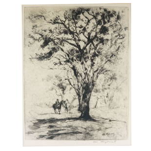 William MEYEROWITZ: Cowboys - Etching: William Meyerowitz (Ukranian/American, 1887-1981) etching of a landscape with cowboys, signed in stone and pencil lower right. [Sight: 10" H x 8" W; Frame: 20 1/4" H x 15" W]. Toning to paper, fading