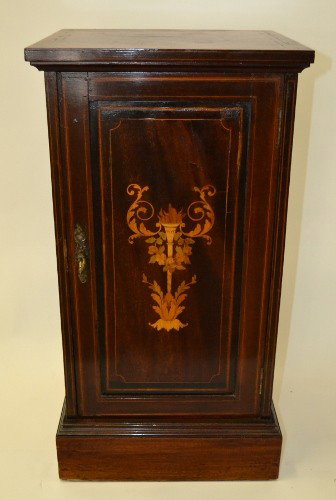Edwardian Stand: Mahogany One Door Stand, Penal Inlay, the door having Leaf & Floral inlay design. 29 1/4"H x 15 1/2" x 14 3/4"