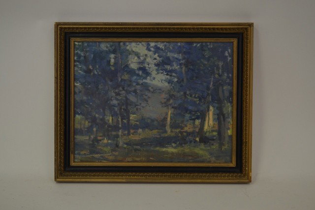 Virgina Webb Oil on Canvas: Virginia Webb oil on canvas - wooded landscape with mountain background. Image - 14" x 18", frame 17" x 21".
