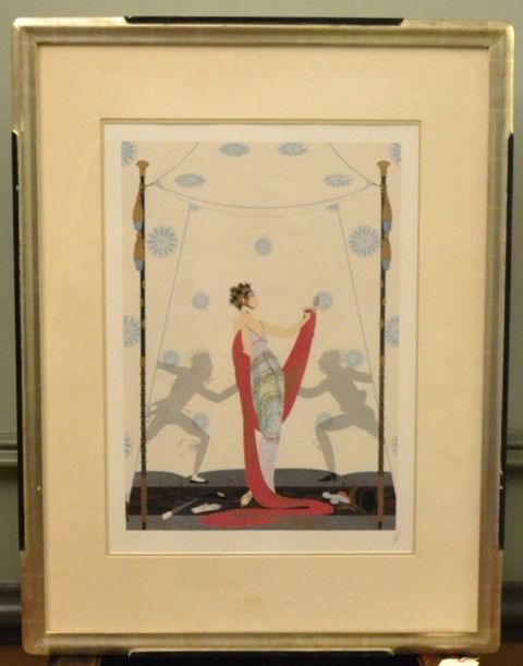 Erte Lithograph: Erte lithograph signed "Erte" lower right in pencil, numbered "42/300" - woman with dueling swordsmen. Image - 19.5" x 25", frame 31.5" x 41".