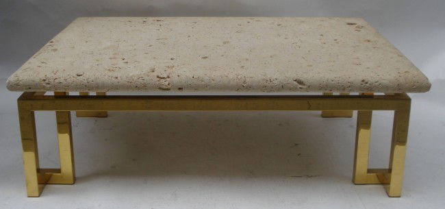 Mid-Century Cocktail Table with Travertine Top: Brass cocktail table with thick travertine top. 48" width x 13.5" height x 36" depth.
